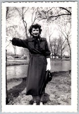 Vtg B&W Snapshot Elegant Woman In Dark Dress White Gloves & Hat By River 1950s