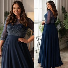Elegant Navy Blue Prom Dresses O-Neck Long Sleeves Chiffon Beaded Evening Gowns