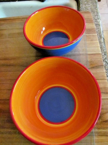 *2 Dansk Caribe Bahama Blue Painted Soup Cereal Bowl Orange and Blue