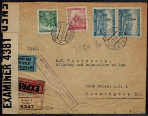 WWII Bermuda 1940 Censor Express Cover w/ Bermuda Tape 4381 D & German Tape E