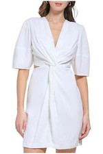 DKNY Women's Short Sleeve Side Cut Linen Midi Dress White