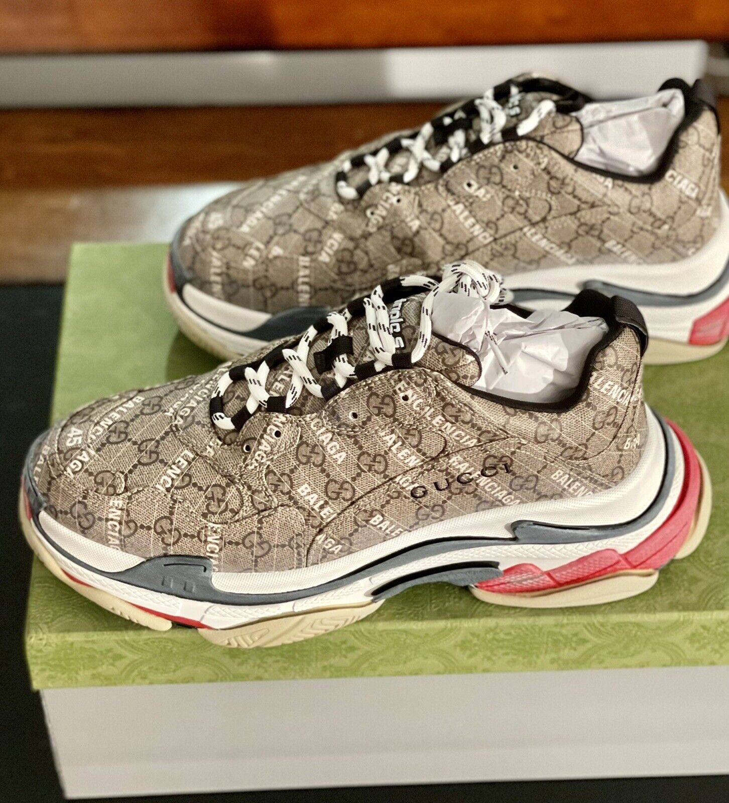 Gucci, Shoes, Gucci X Balenciaga Neutrals Pattern Print Triple S Hacker  Chunky Sneakers