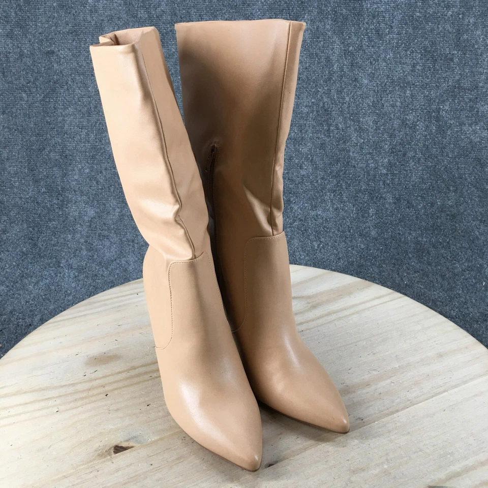 Casual Boots Womens 8 Tall Mid Calf Beige Leather Stiletto Heels Pointed Toe - Image 3 of 4