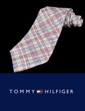 Tommy Hilfiger Linen Mens Neck Tie Red Blue Plaid Made In USA Holiday Father