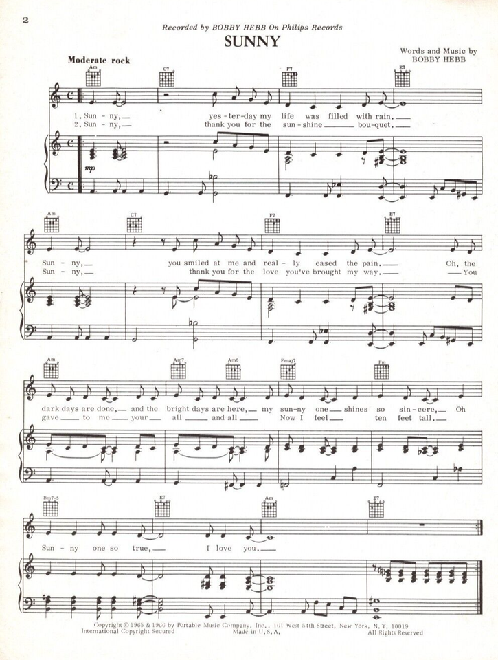 SUNNY Music Sheet-1966-BOBBY HEBB-Pretty Lady/Girl/Daisies | eBay