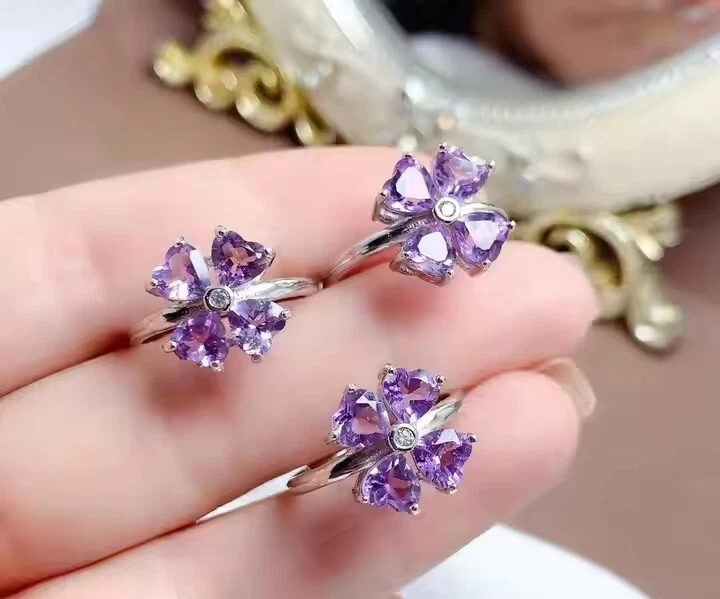 Anel feminino de casamento folheado a ouro branco 14K com ametista e diamante corte coração criado - Imagem 3 de 4