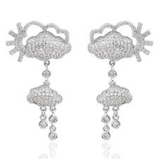 Cloud Rain Sun CZ Crystal Dangle Drop Earrings Studs Rhodium Plated Brass W25