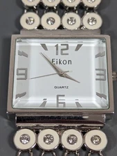 Eikon White Dial Silver Tone Rectangle Case Crystal Accent Bracelet Band Watch