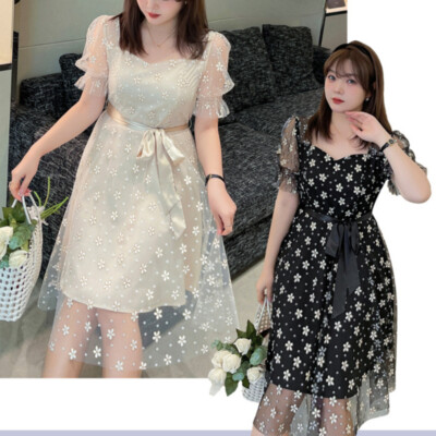 Women Floral Mesh Midi Dress Tie Waist Short Puff Sleeve Fairy Sweet UK 12-22