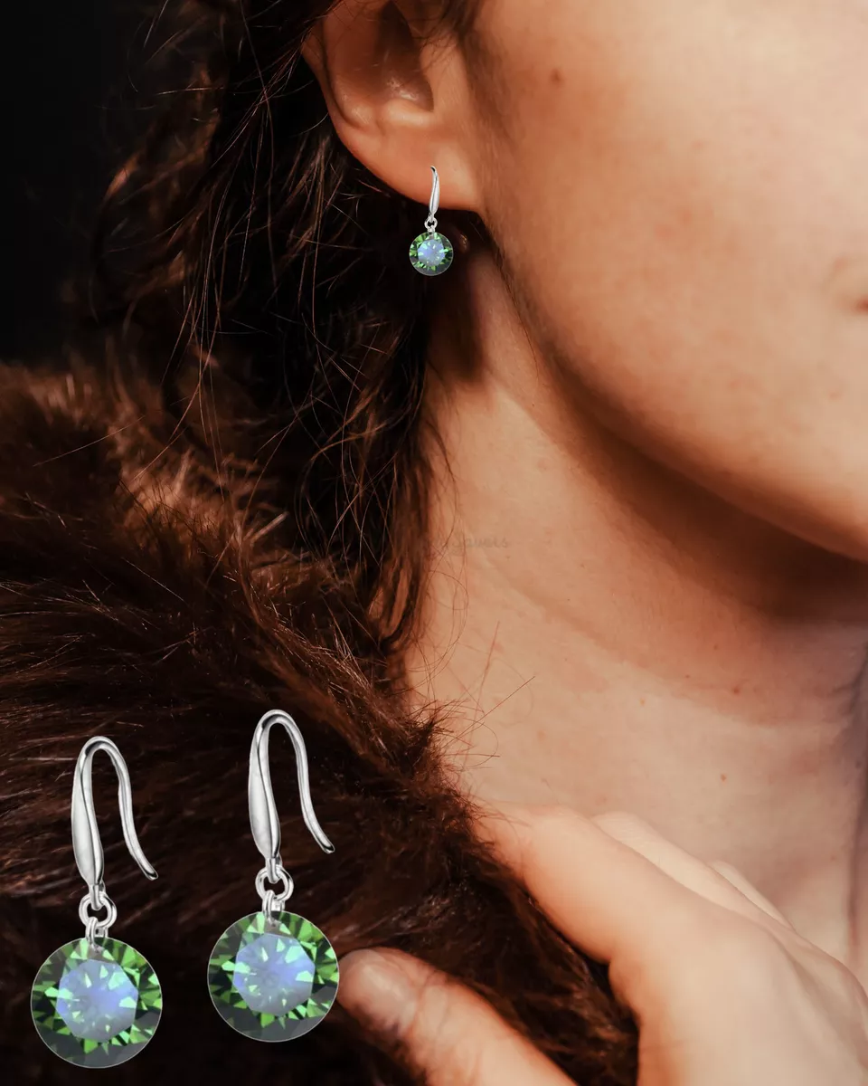 Green 925 Sterling Silver Round Crystal Dangle Drop Earrings