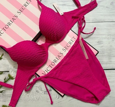 Victoria's Secret Natation Icon Pompes Haut Bikini Effronté Nœud Côté Bas - Photo 1/4