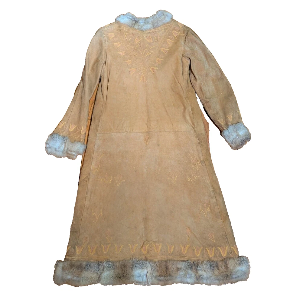 Vintage 60s Penny Lane Embroidered Suede Coat With Rabbit Fur Trim Sz S - Image 3 of 4