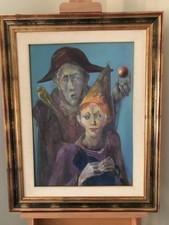 Vintage oil painting on board by Andrei Romocean framed & signed clown & juggler
