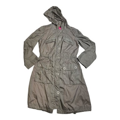 DKNY Active Petites Gray Hooded Lightweight Trench Coat Jacket Button Up Women's