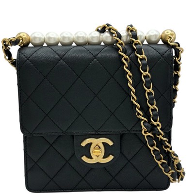 CHANEL Matelassé Pearl Chain Shoulder Bag Black Lambskin Shoulder Bag #OKB8721