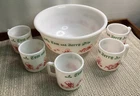 Vintage Hazel Atlas TOM & JERRY Milk Glass Egg Nog Punch Bowl Set w/ 5 Mugs