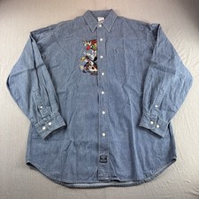Vintage Warner Bros Studio Denim Jean Shirt Adult M Embroidered Looney Tunes 90s