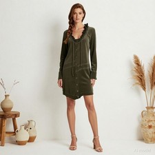 Elegant Midi Dress Green Jersey Cotton Blend Long Sleeve Button Front XS