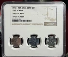 1943 P-D-S Steel Cent Set NGC MS64 WWII Emergency Issue 3-Coin Lincoln Set