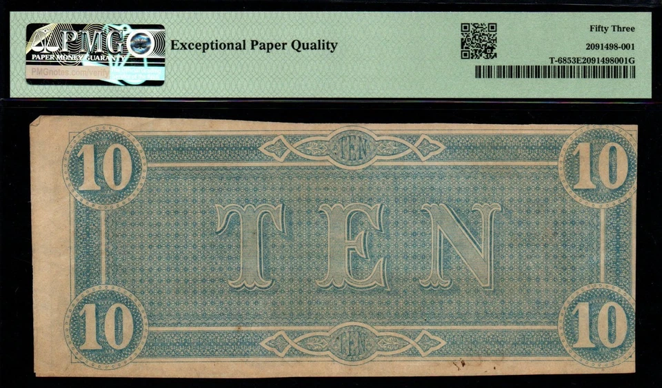 1864 $10 Confederate States of America PMG AU 53 EPQ Antique Note! - Image 2 of 2