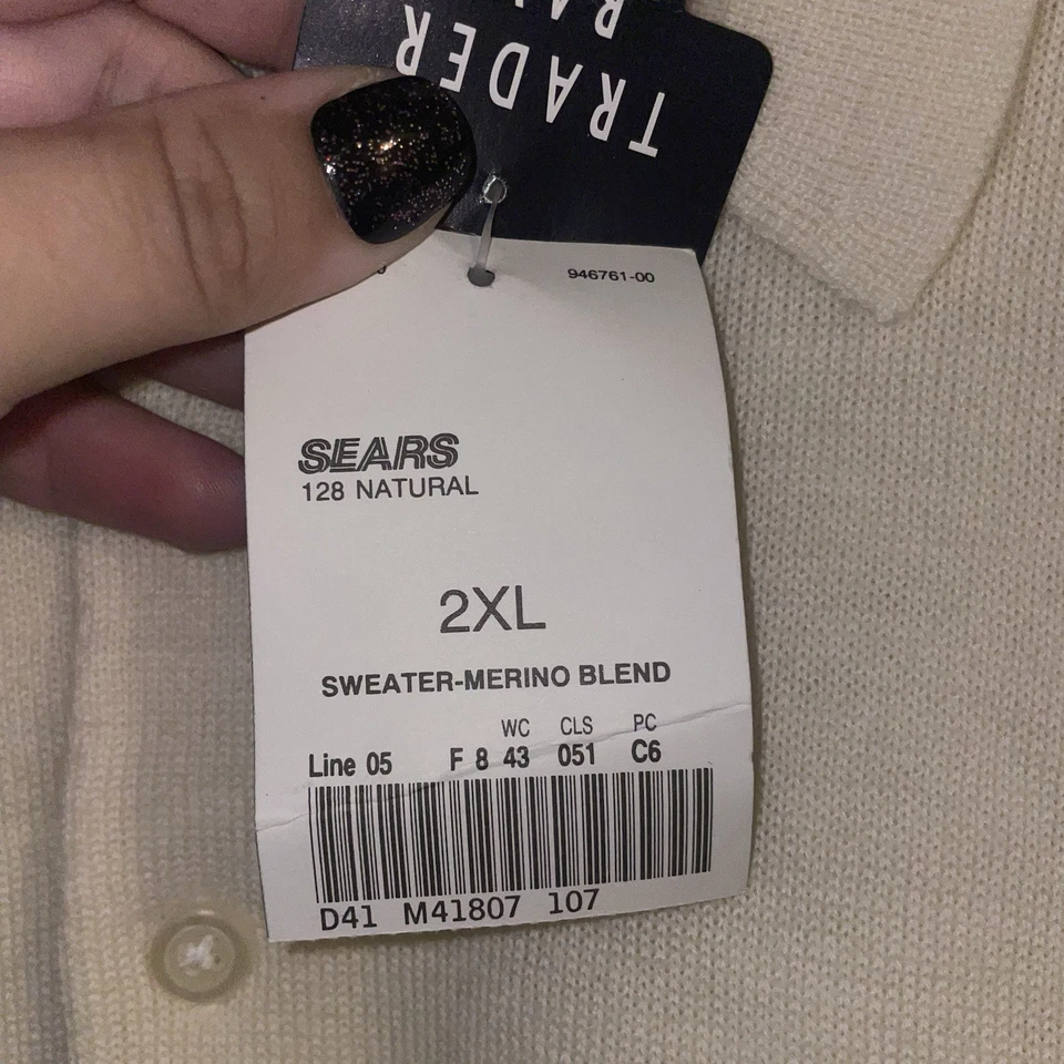 Vtg Sears Trader Bay merino Wool Blend Collared Cream Sweater Men’s Size 2XL NWT - Image 3 of 4