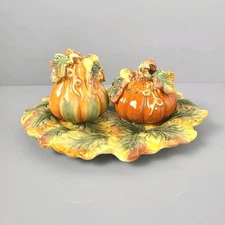 Spode Harvest Collection Hand Painted Salt Pepper Shaker Tray Set-Read