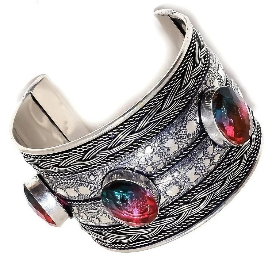 Bi-Color Tourmaline Gemstone 925 Sterling Silver Handmade Jewelry Cuff Adj. - Image 3 of 4