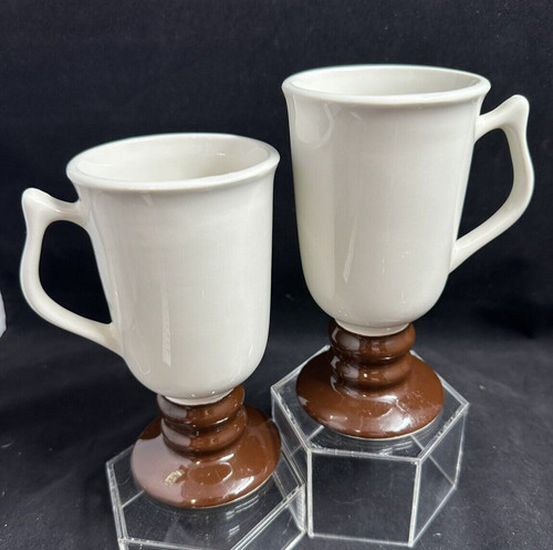 Hall 1273 Footed Brown White Irish Coffee Mug 6” Tall Made in USA Pair (2) VTG