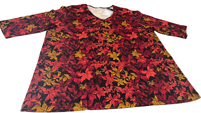 Ulla Popken Floral Scoop Neck Top, Women's Size 20/22  Dark Red/Black/Tan