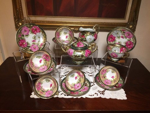 15 PC HAND PAINTED SETO JAPANESE PORCELAIN FLORAL GOLD ENCRUSTED BEADED TEA SET - Picture 11 of 12