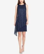 Tahari ASL Women's Assymetrical Appliqué Floral A Line Dress Navy  2