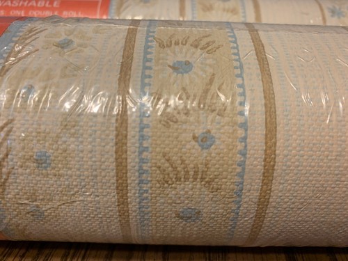 Vintage Cottagecore Wallpaper Striped Floral Cream Blue Beige Textured Rolls USA - Picture 4 of 17