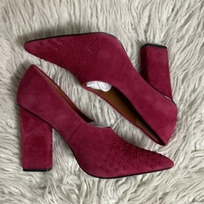 H By Halston Moyen Raspberry Red Suede Studded Block Heel Pointed Toe Pumps 8.5