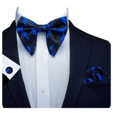 Floral Blue Bow tie Adjustable Pre-tied Black Big Bowtie and Pocket Square Cu...