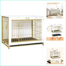 Comfortable 32.5" Dual-Door Dog Crate with Pull-Out Tray   White Wood Finish