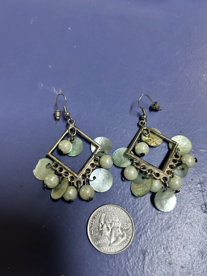 Dangle Earrings With Mother Of Pearl Shell Disc & Imitation Pearls - Image 4 of 4