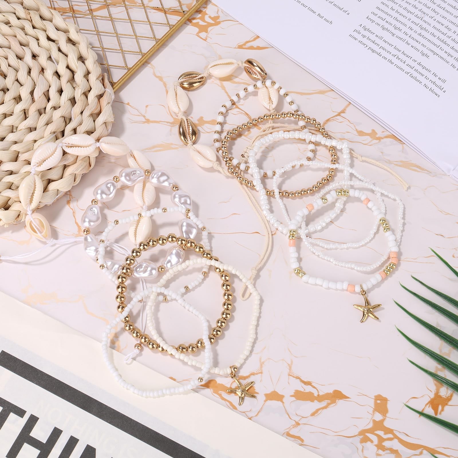 13pcs Summer Beach Beachy Bracelets Set, 2 Styles Stack Stackable Seashell Sea S