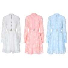 Womens Lantern Sleeve Embroidered Dress Hollow Out Single Breasted A-line Skirts