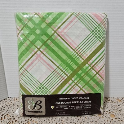 Vintage Bibb No Iron Bed Sheet Double Size Flat Sheet 81×104'' NOS-Country Stripe