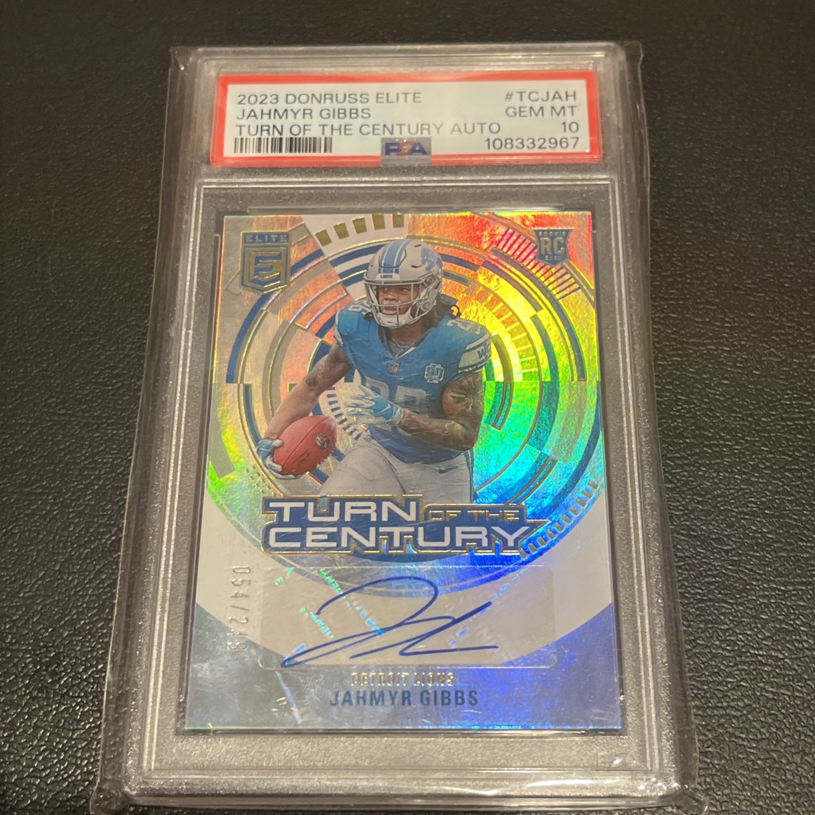 2023 Panini Donruss Elite Turn of the Century Auto Jahmyr Gibbs (RC) /249 PSA 10