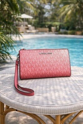 Michael Kors Jet Set Travel LG Double Zip Wallet Ombré Hibiscus Pink Multi