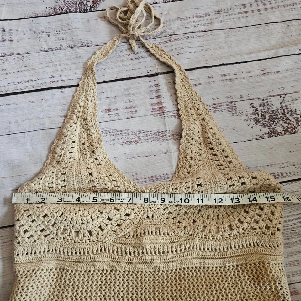 Maxi Vestido Y2K Moda Internacional Halter Crochet Beige Mujer XL Algodón Foto 3 de 4