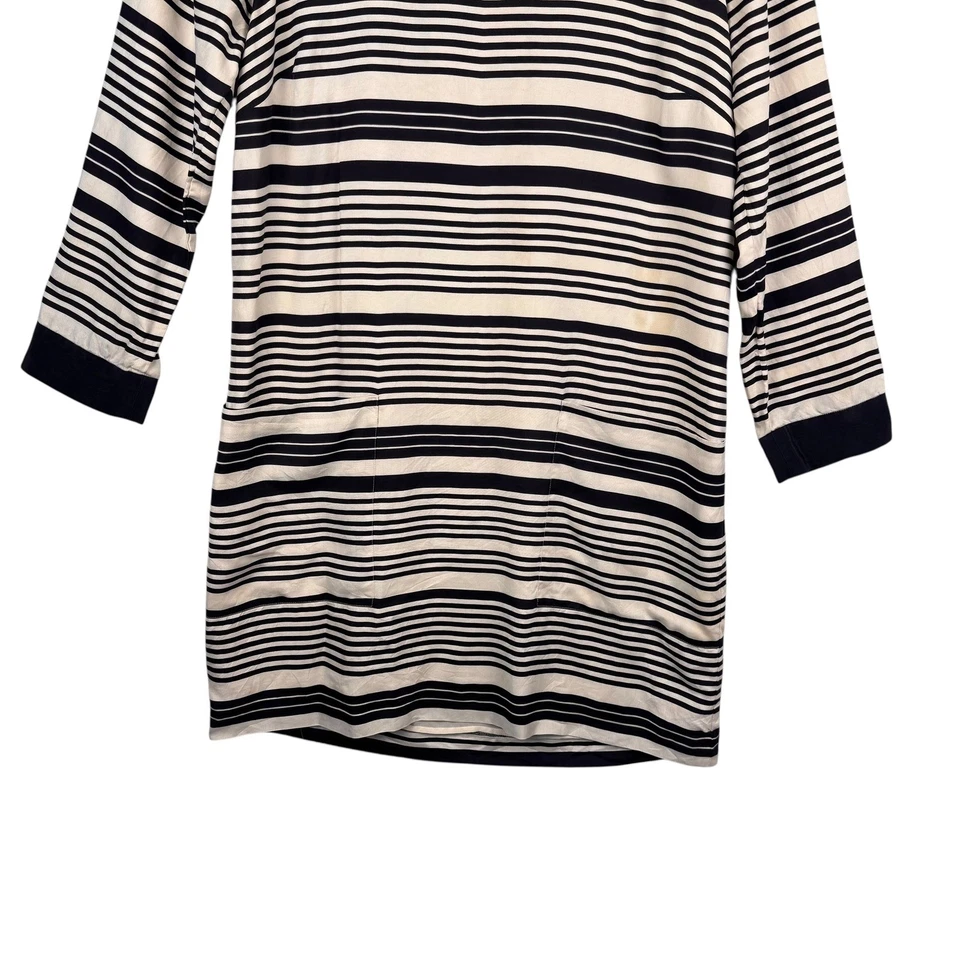 J. Vestido Crew 6 Rayas Azul Marino Crema 100% Seda Cuello Barco Manga 3/4 Forrado Carrera Foto 2 de 4