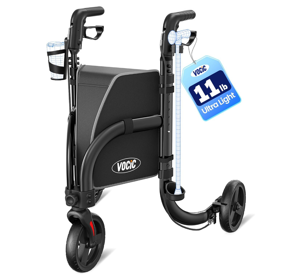 VOCIC Caminadores de 3 ruedas para personas mayores, rodillo plegable Z25 con ne