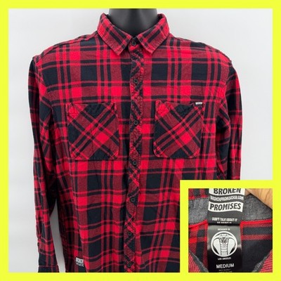 Broken Promises Flannel Shirt Mens Medium Red Black Plaid Cobra Logo Streetwear