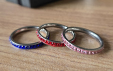 Silver-Tone Stainless Steel Rhinestone Band Rings Blue Red Pink Set of 3 Size T