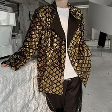 Men's Sequin Peak Lapel Long Dress Jacket Suit Blazer Dinner Party Prom Coat