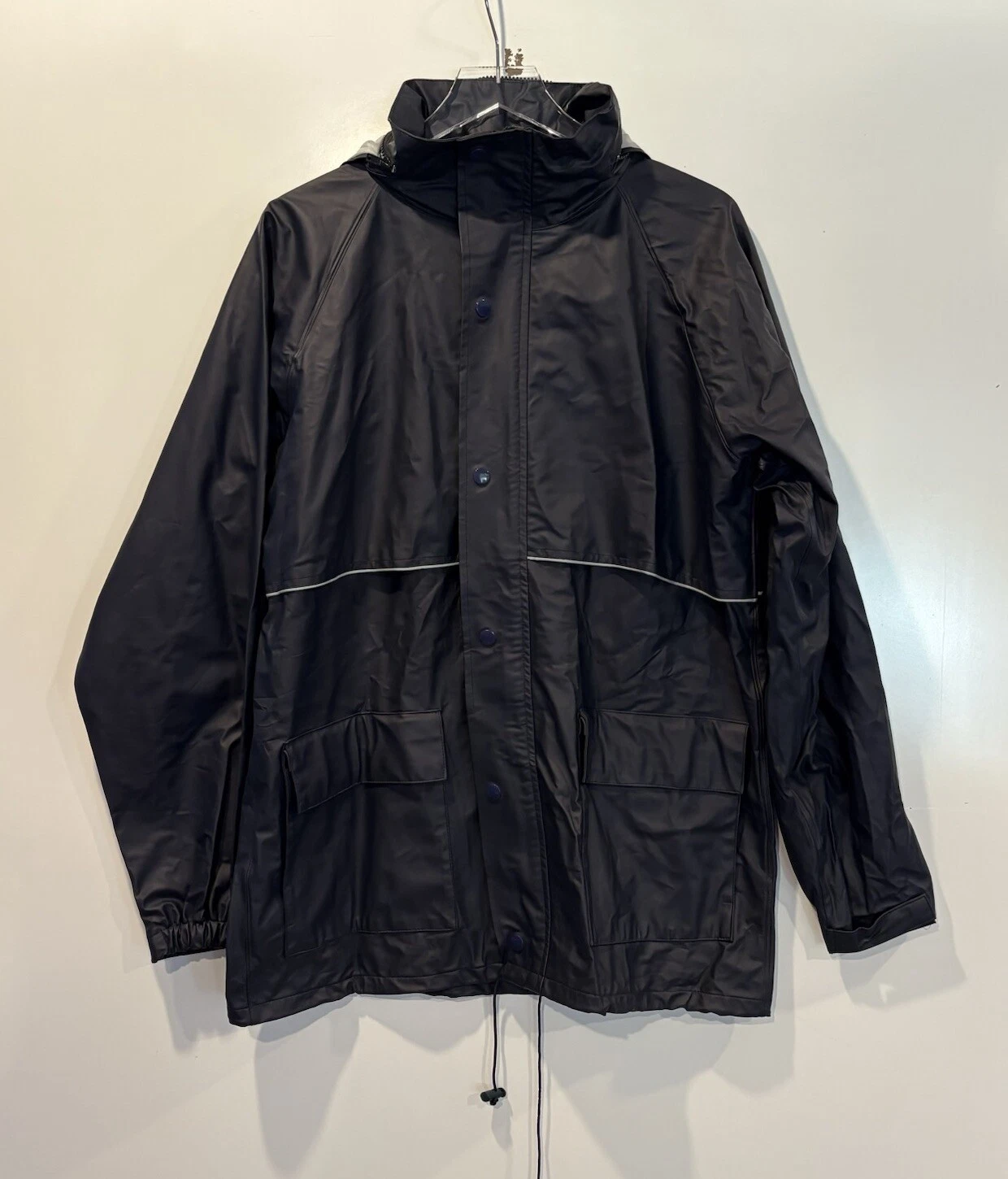 NWT Acadia Mens Navy Blue Removable Hood Rain Coat Size Medium (SU)