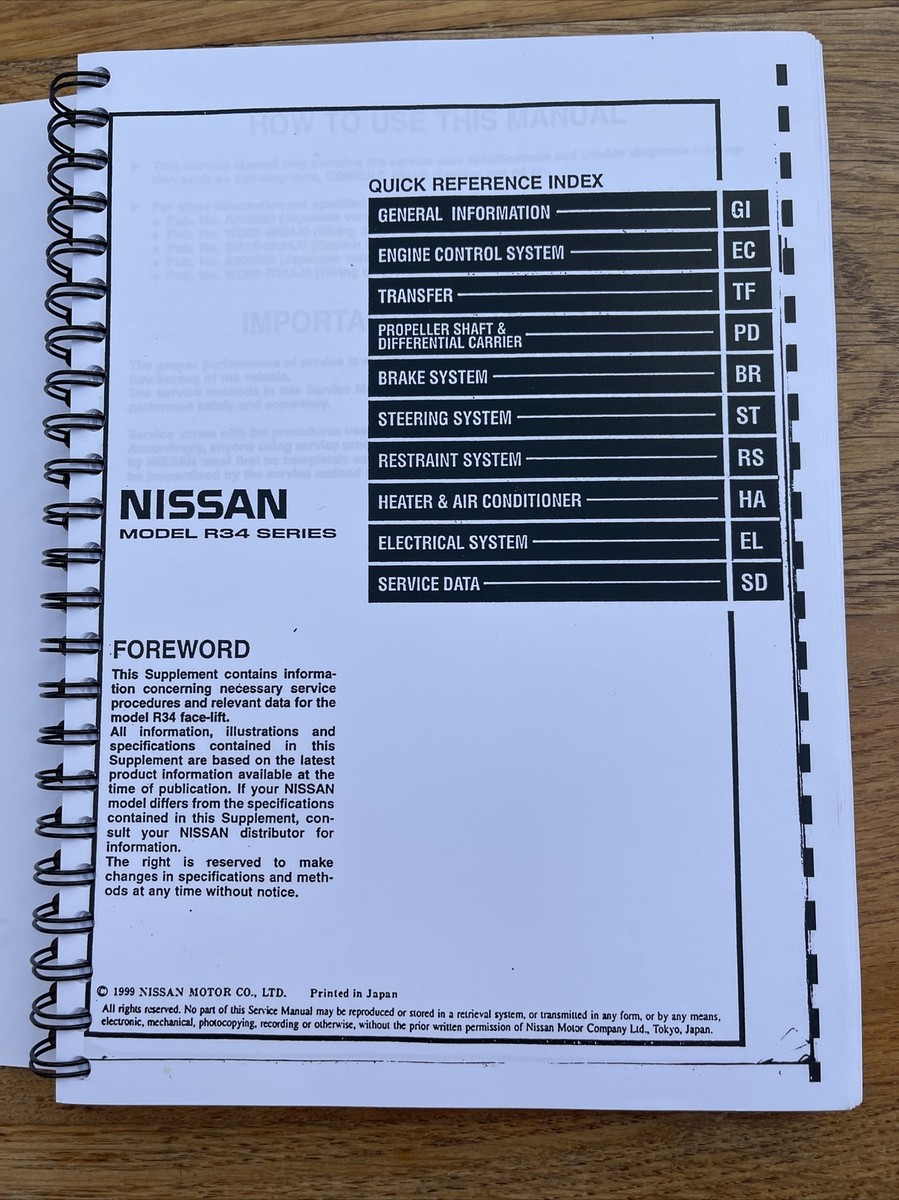 Nissan Skyline R34 Service manual & Supplement 1 Manual