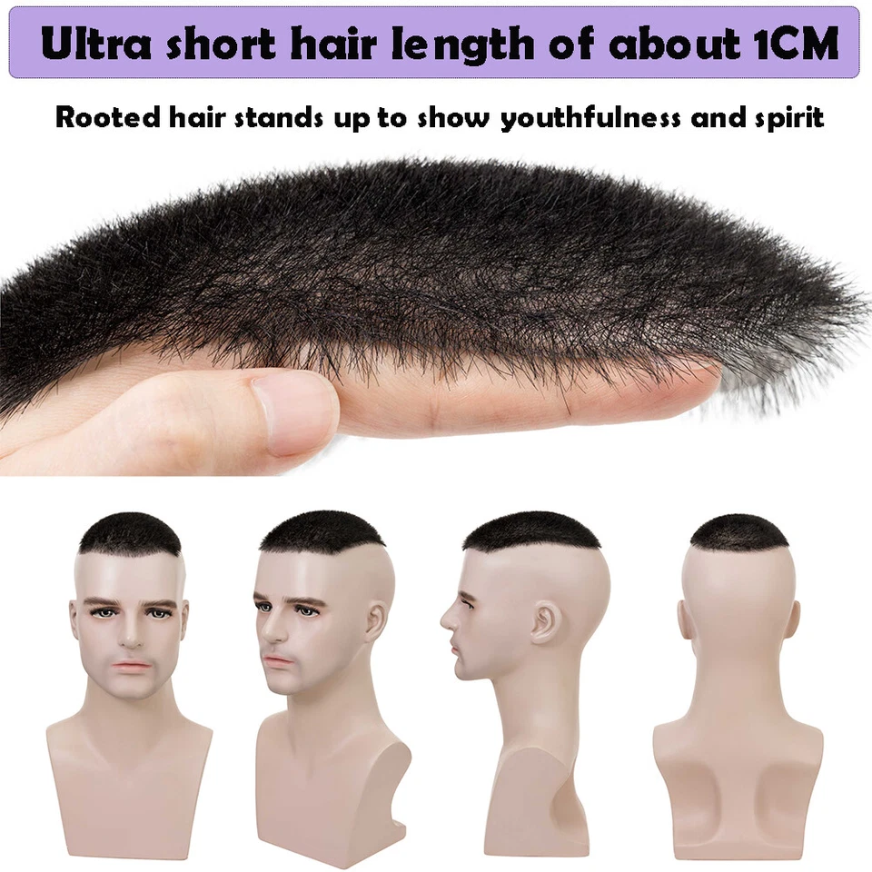 Men Short 1cm Buzz Cut Toupee Replacement System Virgin Human Hair Transparent G - Image 2 of 4